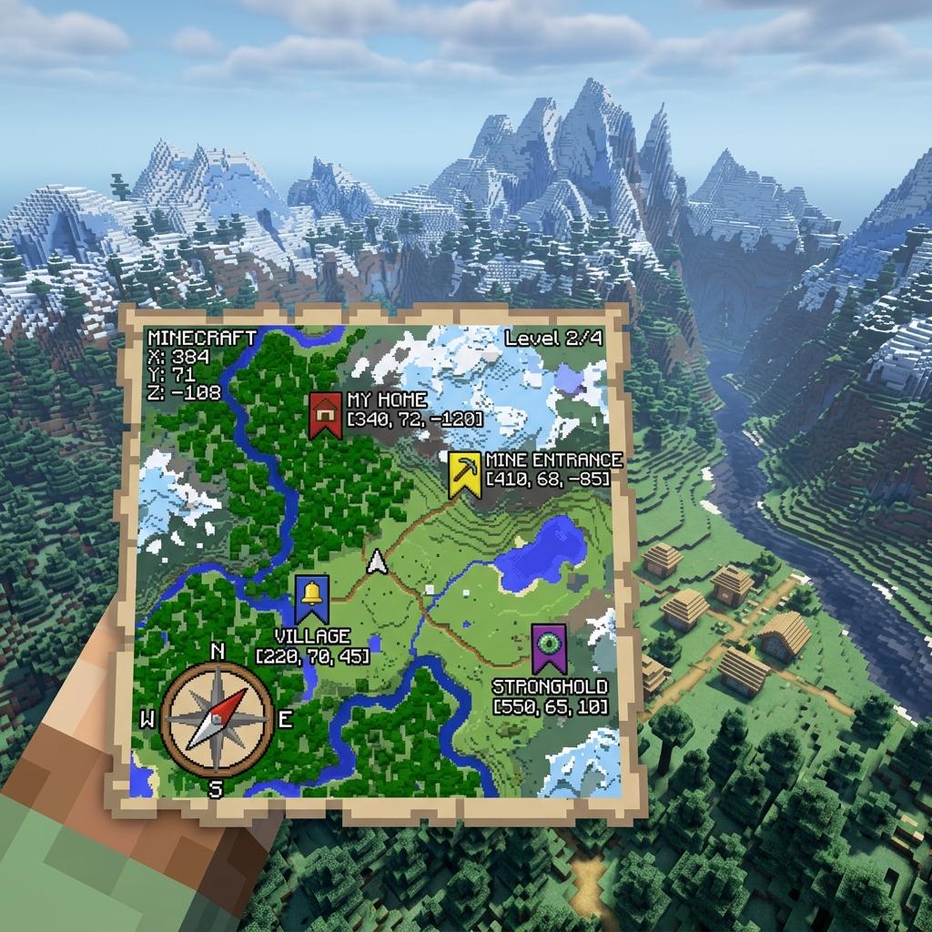 Guia de Ícones e Decorações de Mapas no Minecraft: NBT, Banners e Waypoints