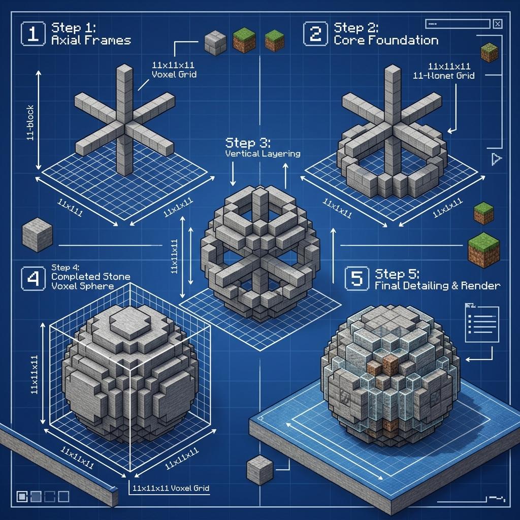 Diagrama de construção de esferas voxel no Minecraft